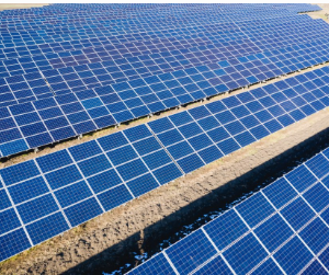 Granja de paneles solares bajo inspección para mantenimiento y evaluación del rendimiento.
